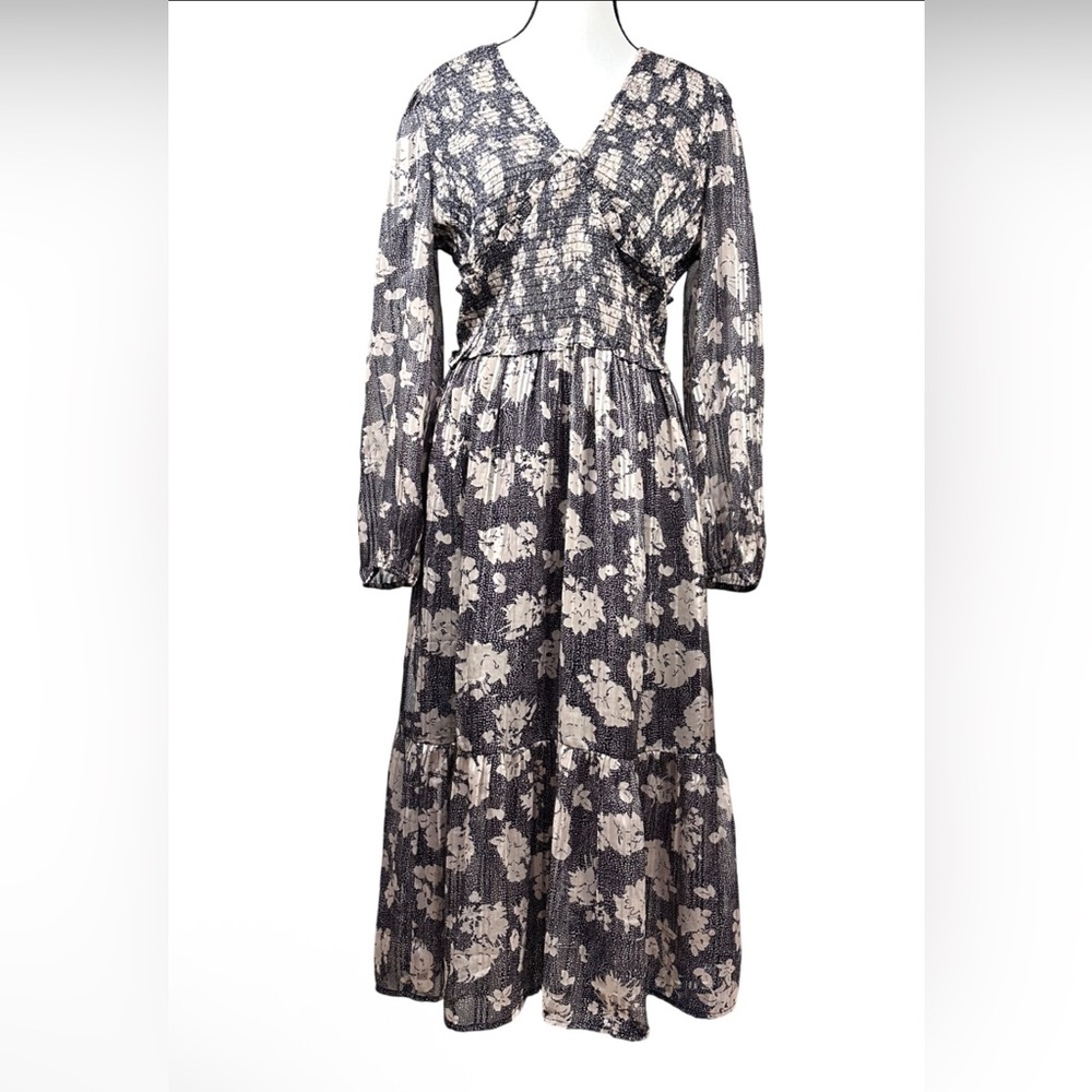 Dizzy Lizzy Black Floral Midi Dress Sz L Smocked Empire Waist Long Sleeve NWOT